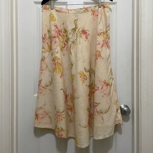 Chaps Linen Cotton Blend Midi Skirt Floral Lined Garden Party Yellow Pink Sz 12